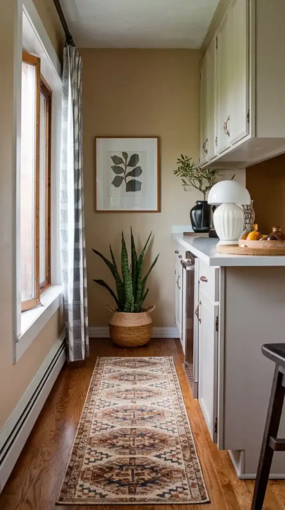 Small kitchen with a long patterned runner rug, wooden flooring, and cozy decor