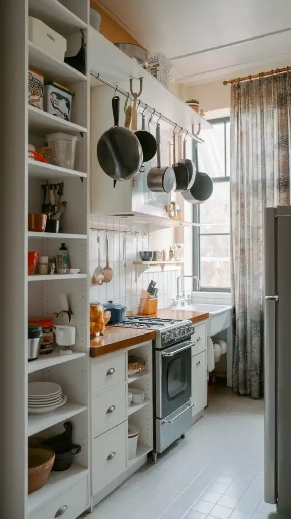 Small kitchen with vertical storage shelves and hanging pot racks for space optimization