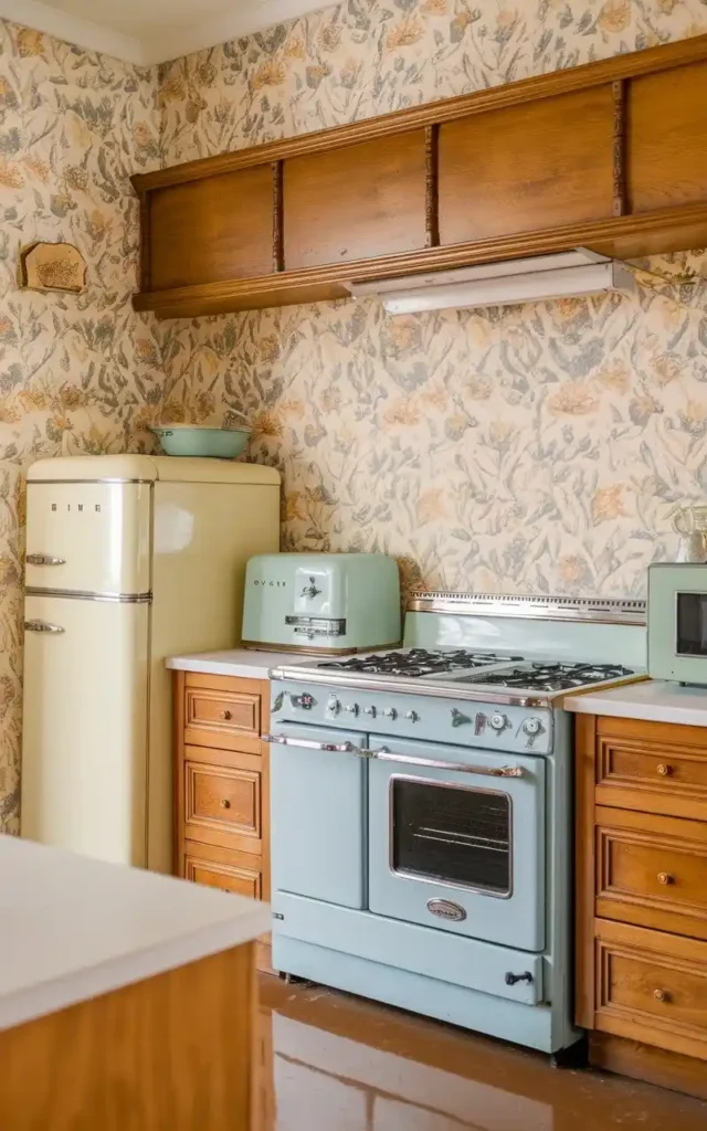 Vintage open kitchen with pastel blue appliances, floral wallpaper, and warm wooden cabinets