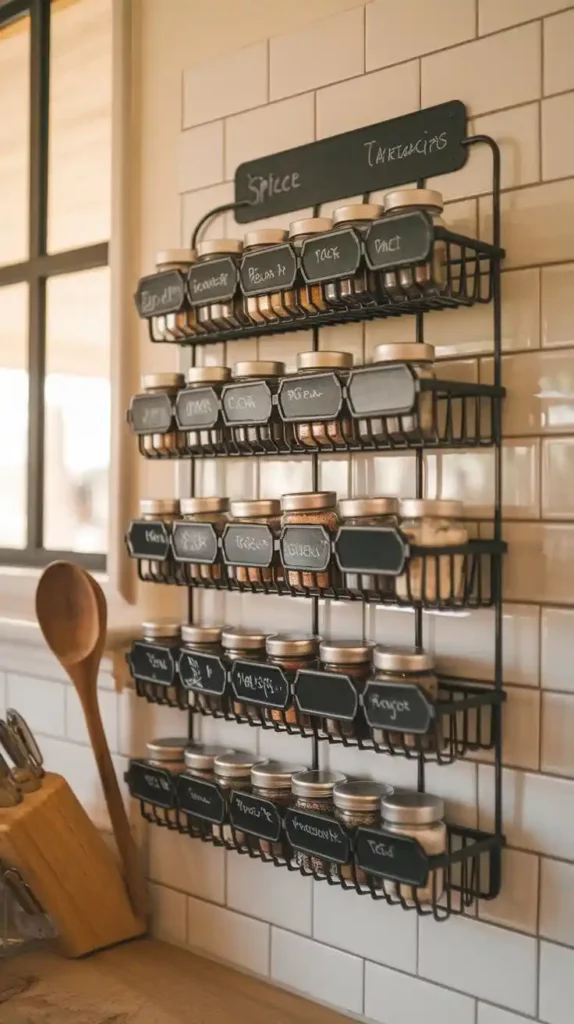 Wall-mounted spice rack for a rustic kitchen design