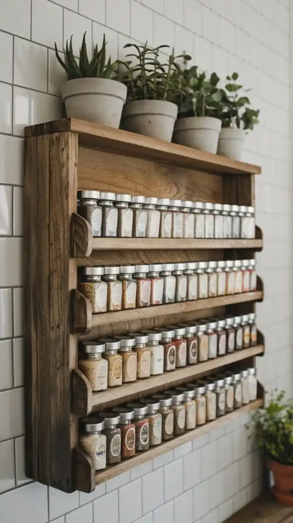 Wall-mounted wooden spice rack for rustic kitchen storage