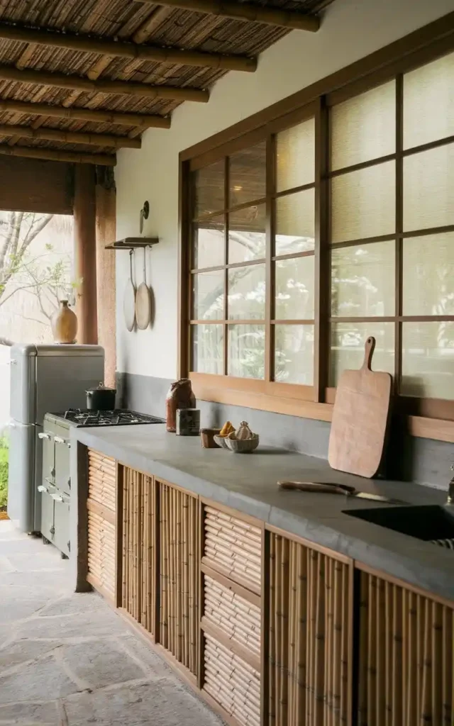 Zen-inspired open kitchen with bamboo cabinetry, minimalist countertops, and natural wood accents