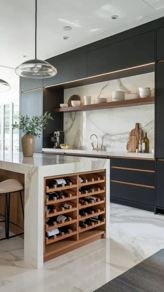 Modern U-shaped kitchen with built-in wine rack and marble countertops