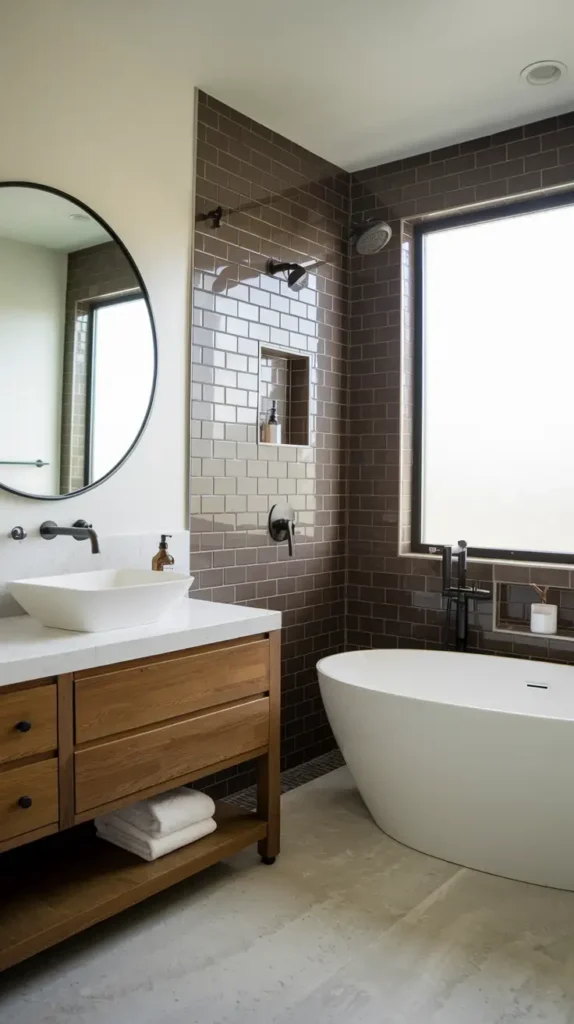 Serene bathroom with mocha mousse tiles, modern bathtub, and stylish vanity with natural wood accents