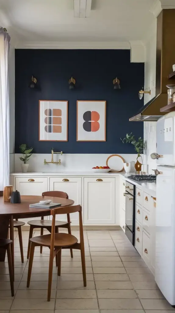 U-shaped kitchen with bold accent wall, artwork, and minimalist design