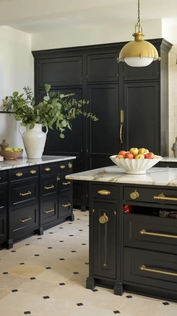 Bold black and gold contrast color kitchen with marble countertops and elegant lighting.