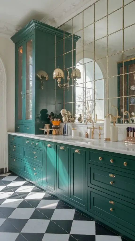 Bold emerald green kitchen cabinets with gold hardware and white marble countertops