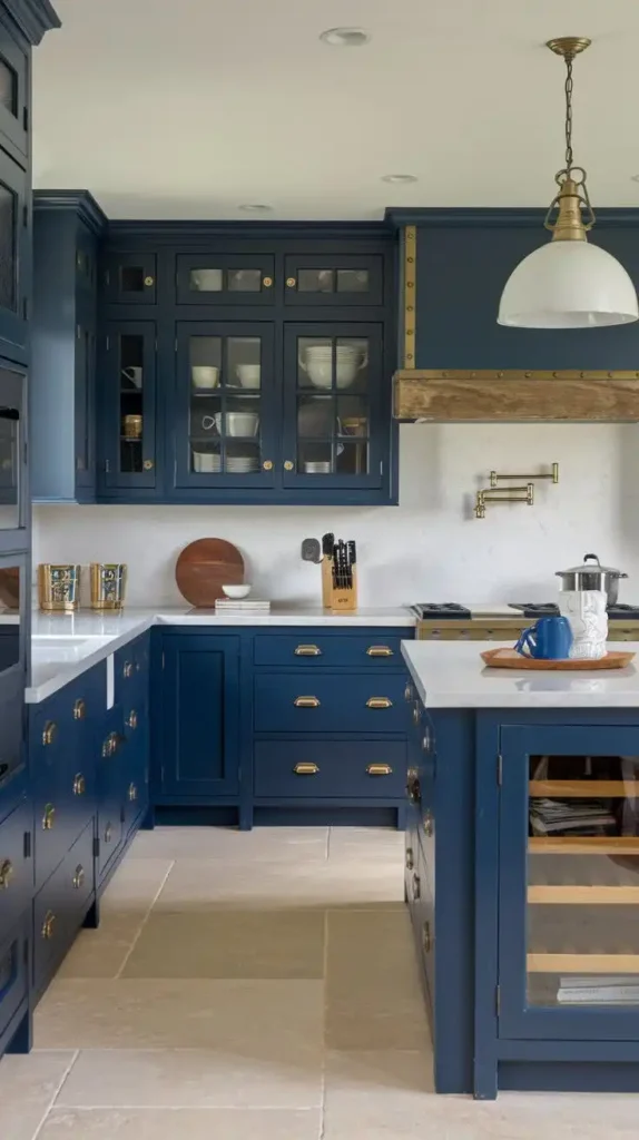 Bold navy blue kitchen color idea with cabinets with brass hardware and white marble countertops