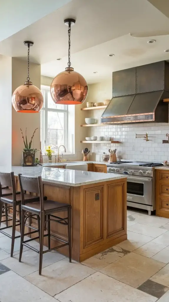 U-shaped kitchen with bold copper pendant lights and marble countertops