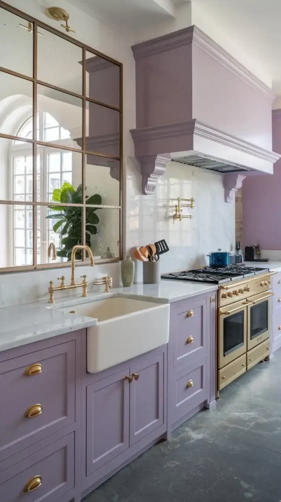 Bold purple kitchen cabinets with brass hardware, white marble countertops, and a gold-accented stove