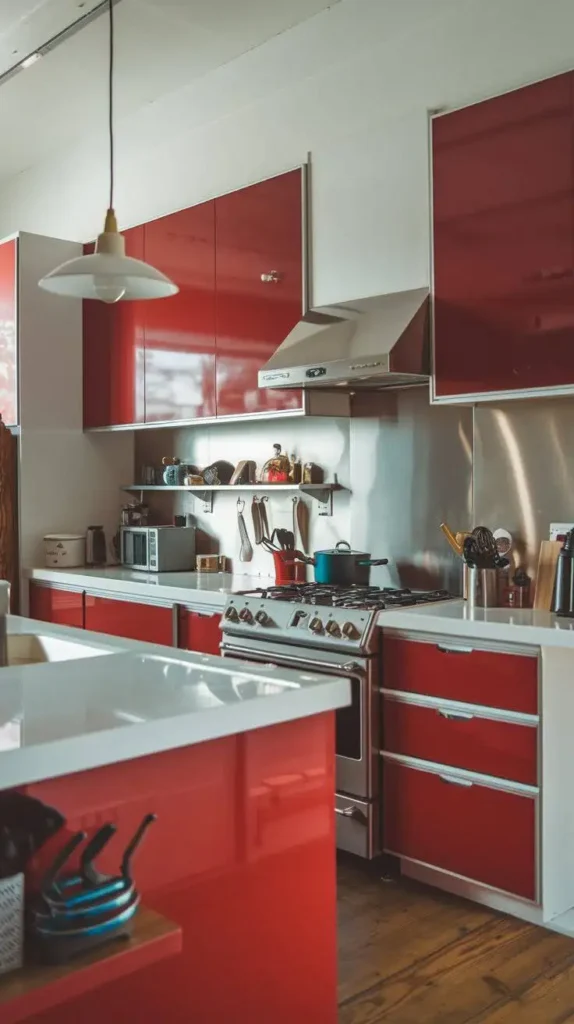 Bold red and white contrast kitchen with modern appliances and sleek finishes