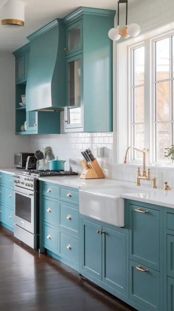 Bold vibrant teal kitchen cabinets with gold hardware and white countertops