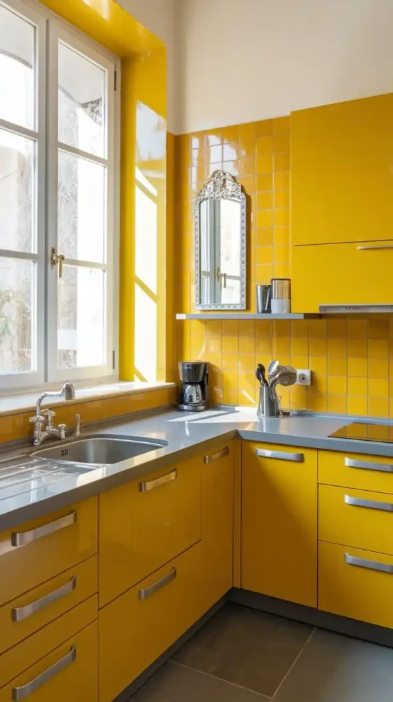 Bold yellow kitchen with gray countertops and modern fixtures