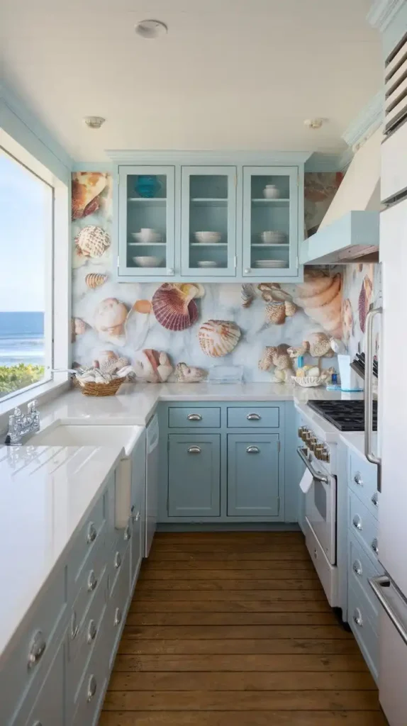 Calming light blue kitchen with seashell wallpaper, natural wood flooring, and white countertops