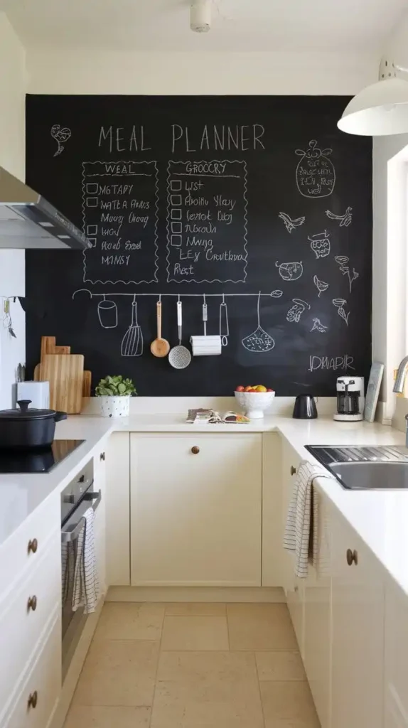 U-shaped kitchen with a creative chalkboard wall for meal and grocery organization