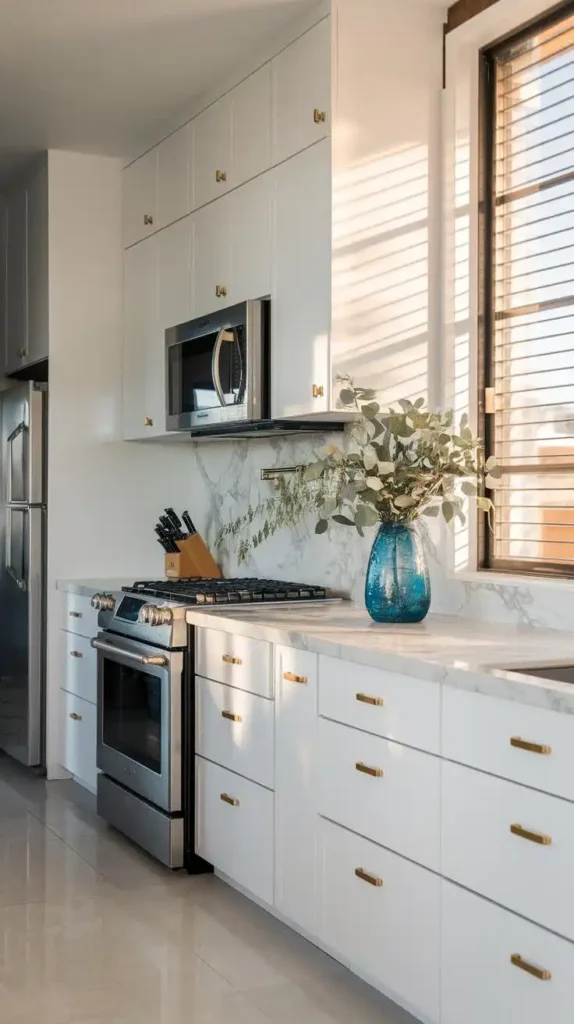 Classic white kitchen with marble countertops, gold hardware, and natural light