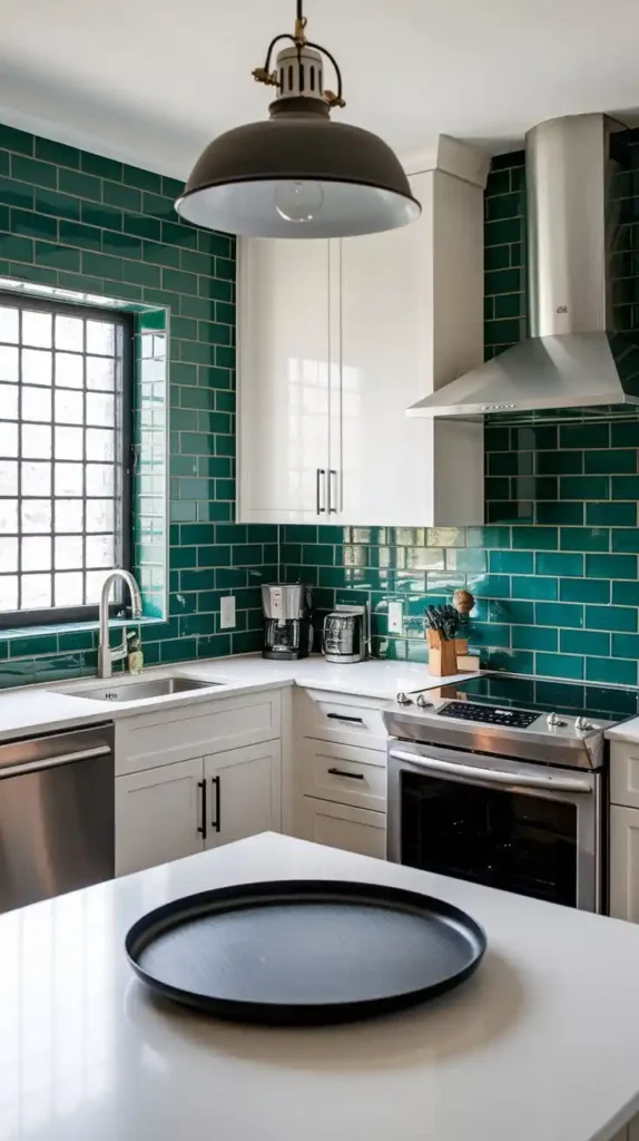 U-shaped kitchen with colorful teal backsplash and modern appliances