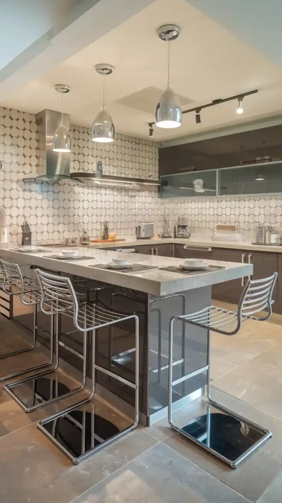 Cozy U-shaped kitchen with stylish breakfast bar and modern lighting