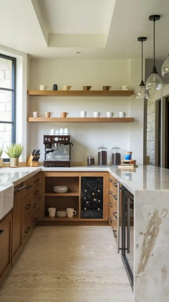 Cozy U-shaped kitchen with coffee station, wine storage, and open shelving