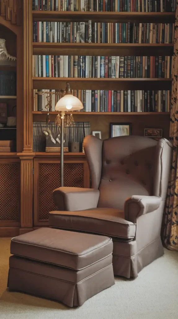 Cozy reading nook with mocha mousse armchair, ottoman, and bookshelves filled with literature