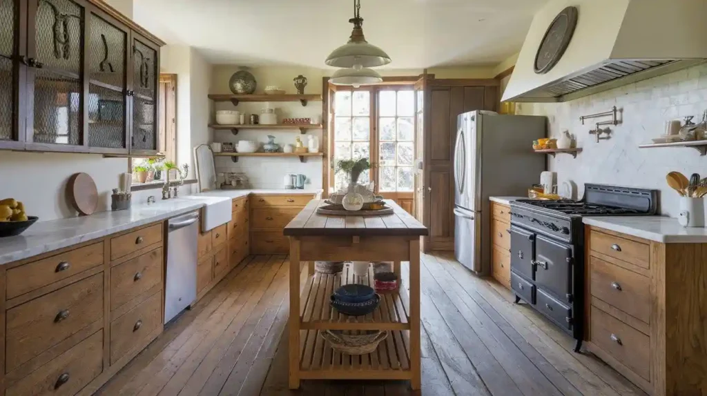 Creative U-shaped kitchen with open shelving and rustic wooden accents