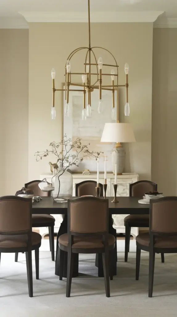 Elegant dining room featuring mocha mousse chairs, a modern chandelier, and sophisticated decorElegant dining room featuring mocha mousse chairs, a modern chandelier, and sophisticated decor