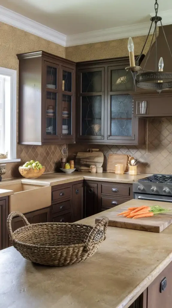 Earthy brown and beige kitchen cabinets with natural textures and wooden accents