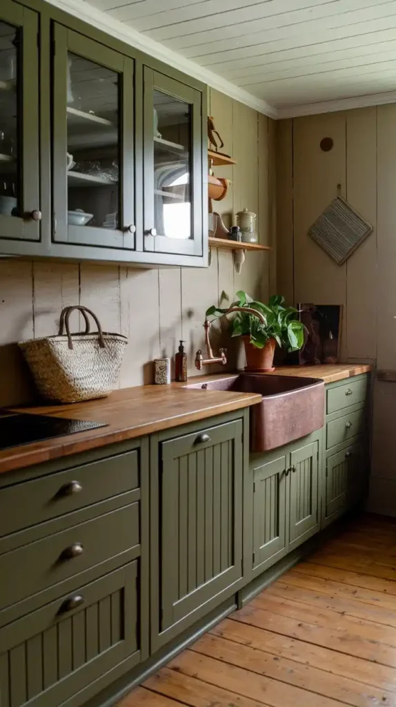 Earthy olive green kitchen cabinets with a copper sink, natural wood countertop, and plants