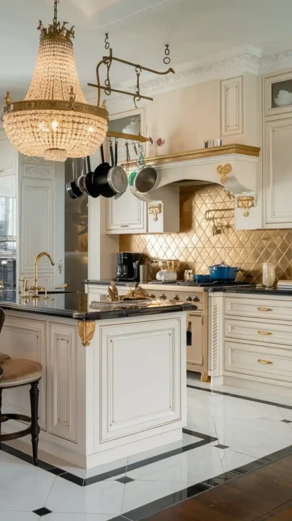 Elegant gold and white kitchen with crystal chandelier, gold accents, and marble countertops