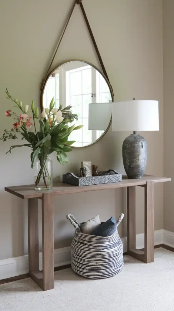 Inviting entryway with a mocha mousse console table, decorative vase, and mirror creating a warm, welcoming atmosphere