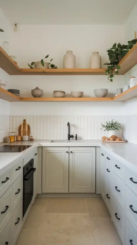 U-shaped kitchen with floating shelves, minimalist design, and modern faucet