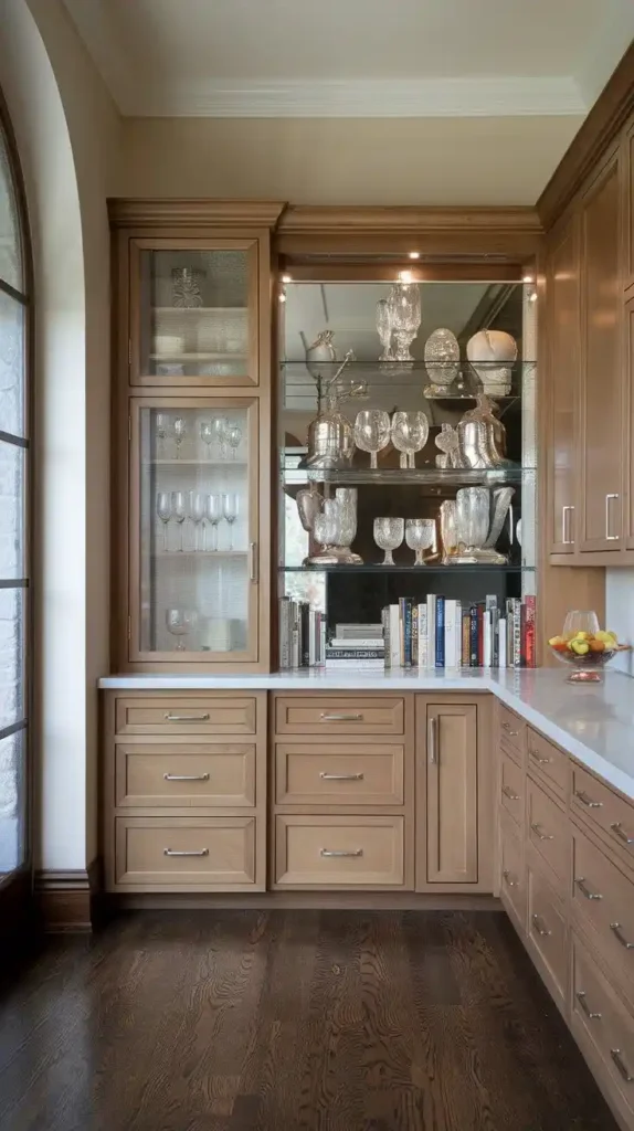 Elegant kitchen with floor-to-ceiling cabinets and open glass shelves