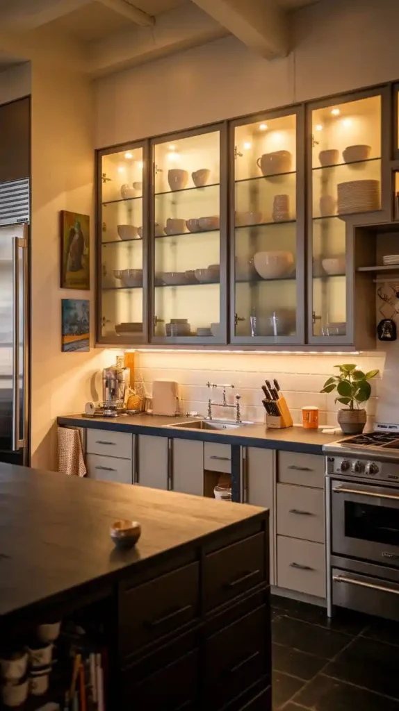 U-shaped kitchen with glass-front cabinets and under-cabinet lighting