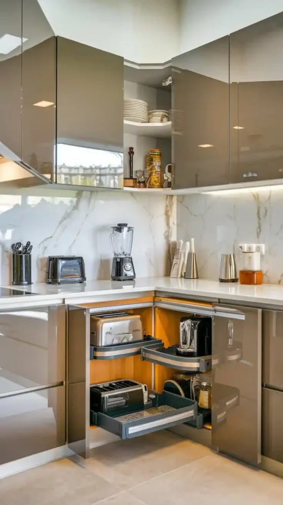 A sleek kitchen with a hidden appliance garage storage solution for a tidy and organized look