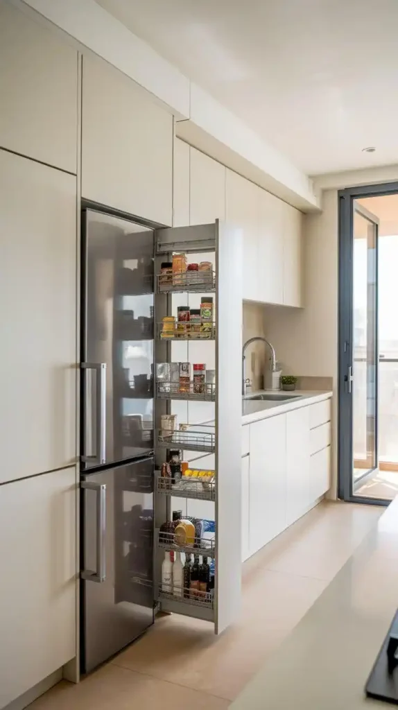 U-shaped kitchen with hidden pull-out pantry storage and sleek design