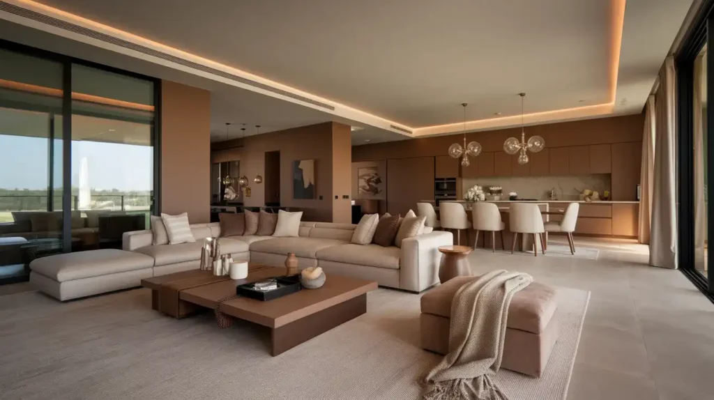 Modern living room with mocha mousse color theme, featuring neutral tones, sleek furniture, and open-plan layout