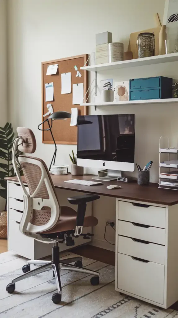 Modern home office with mocha mousse desk, computer setup, and organized storage for a productive workspace