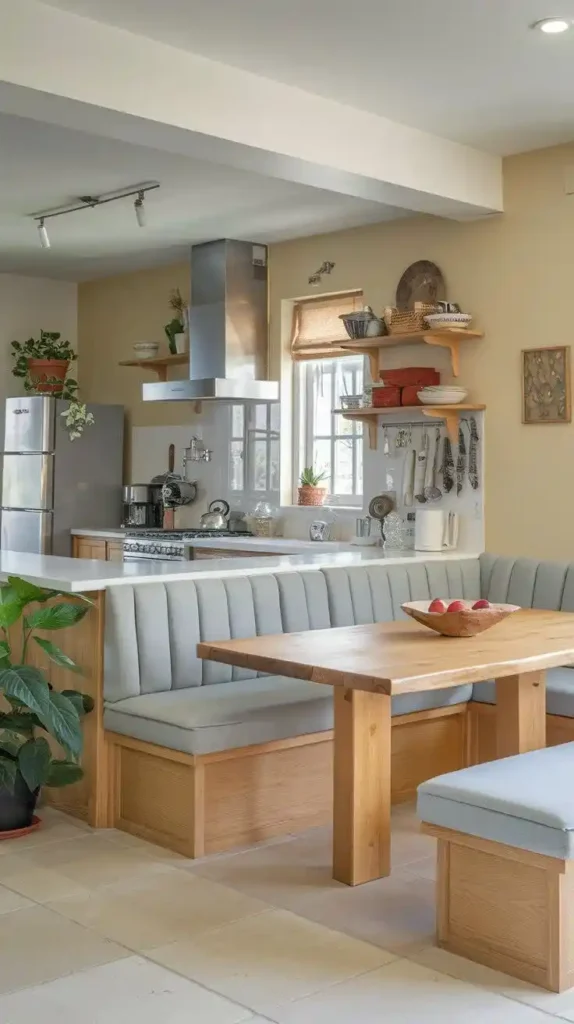 Modern U-shaped kitchen with integrated seating for a cozy dining experience