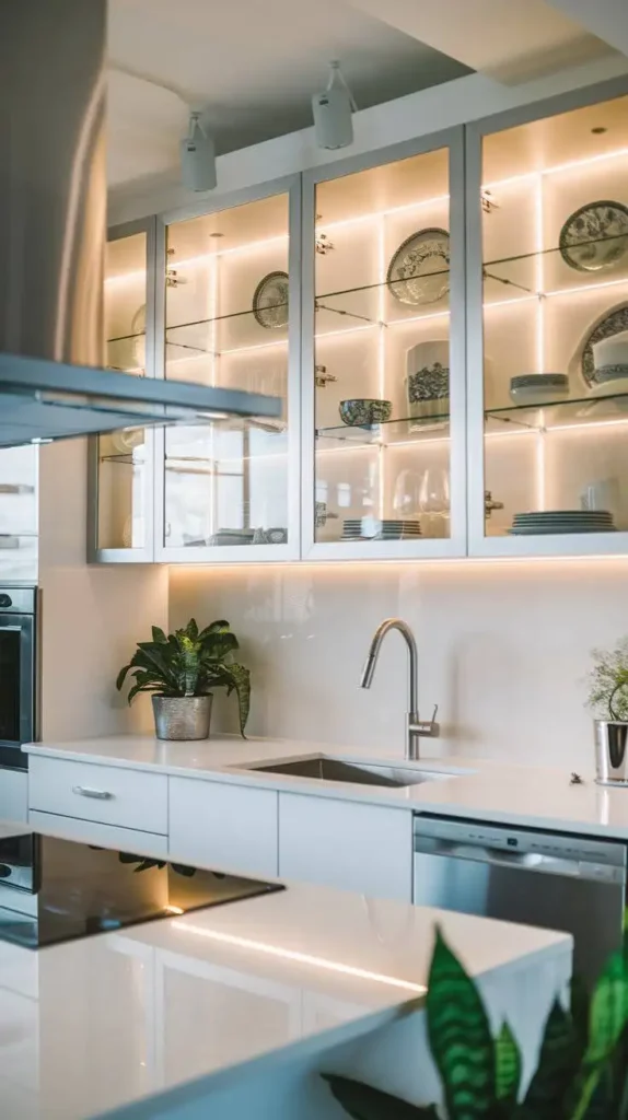 Modern U-shaped kitchen featuring custom cabinet lighting for a bright, stylish look