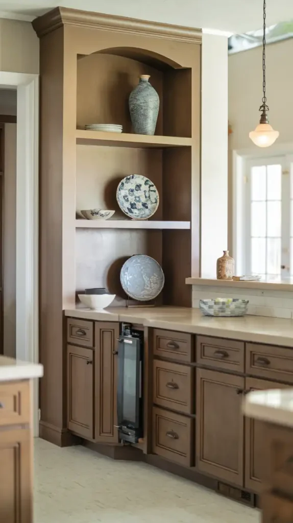 Kitchen with mocha mousse finish cabinets, featuring elegant shelving and decorative vases