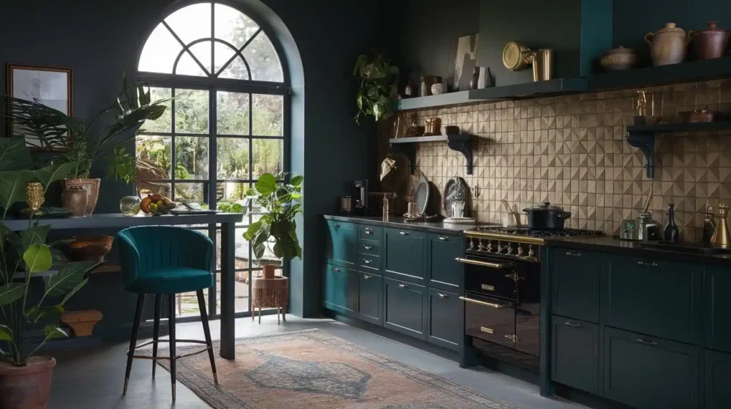 Elegant kitchen with deep green cabinets, gold backsplash, and lush plants