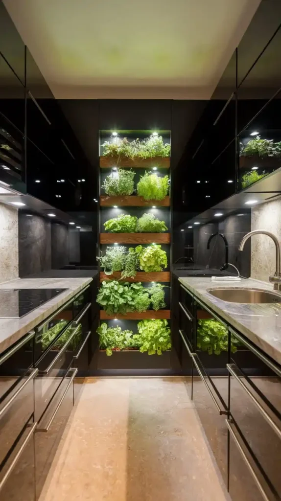 A sleek kitchen featuring a built-in herb garden with LED lighting for a fresh and functional design