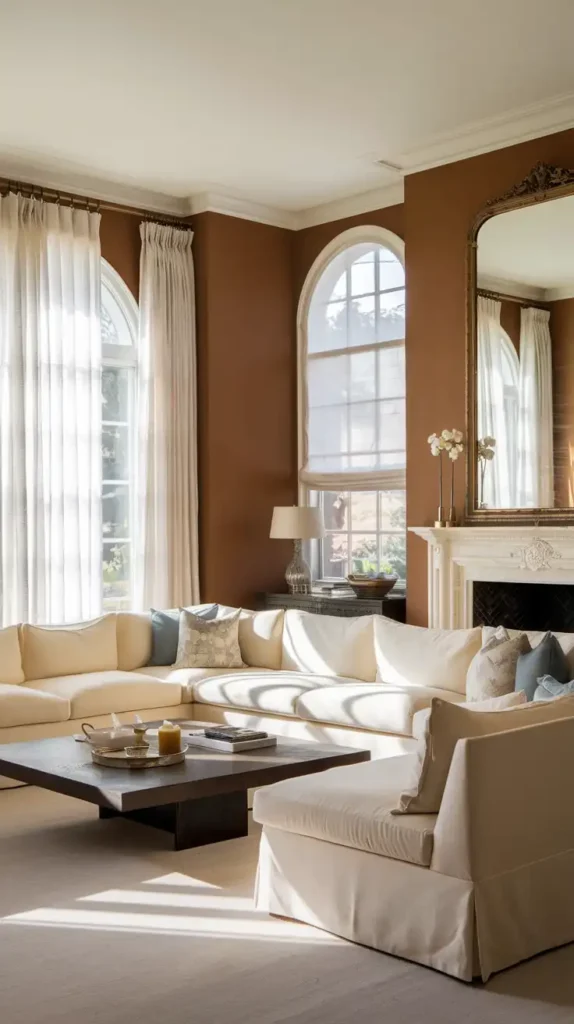 Elegant living room with mocha mousse walls, light-colored sofa, and a wooden coffee table with decor