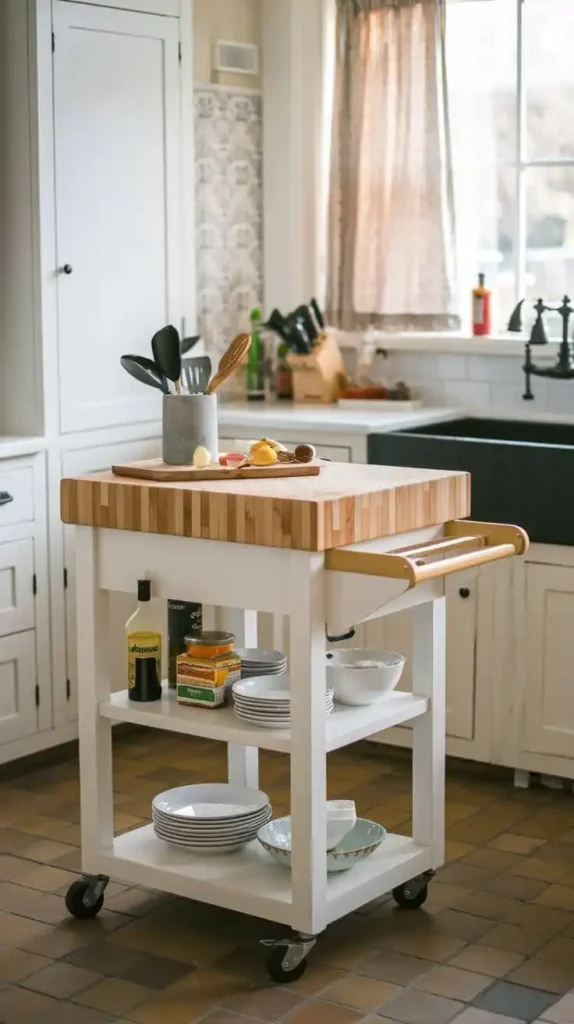 Mobile kitchen island on wheels with butcher block top