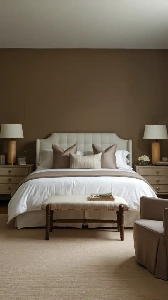 Bedroom with a mocha mousse accent wall, light bedding, and neutral tones for a calm and cozy atmosphere