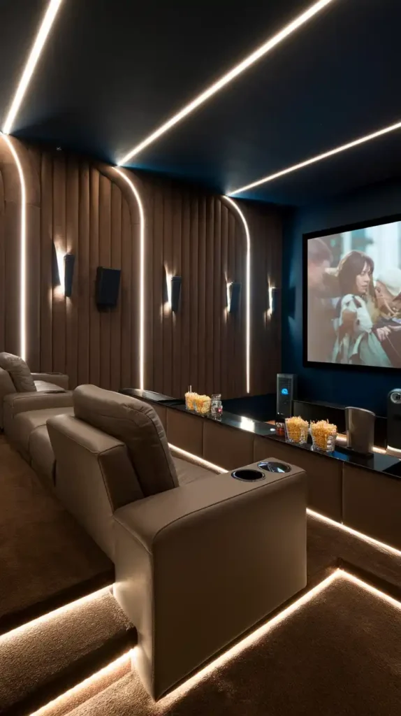 Mocha mousse themed home theater with plush seating, LED lighting, and a large screen for an immersive movie experience