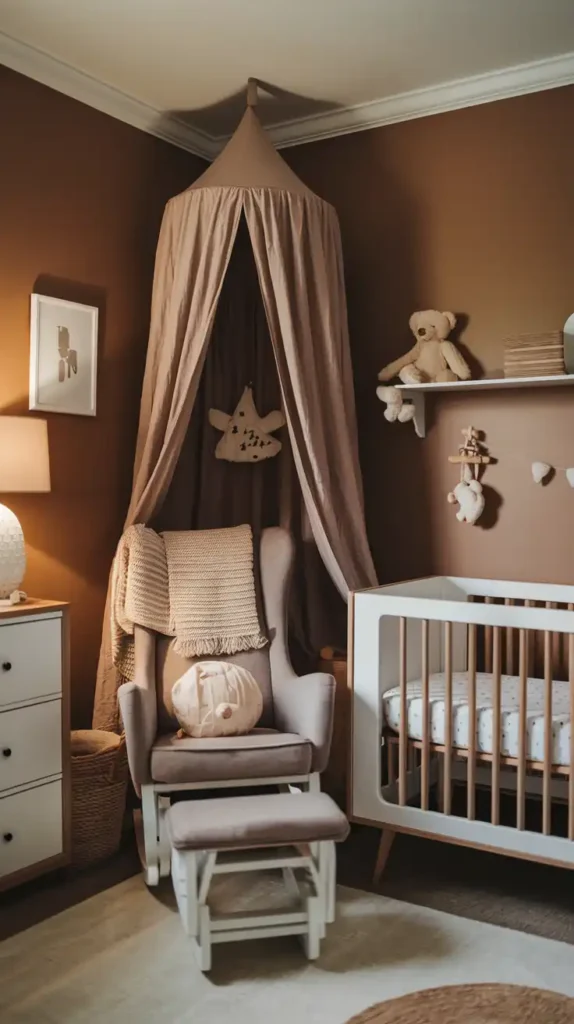 Cozy mocha mousse-inspired nursery with soft decor, a crib, and a comfortable rocking chair