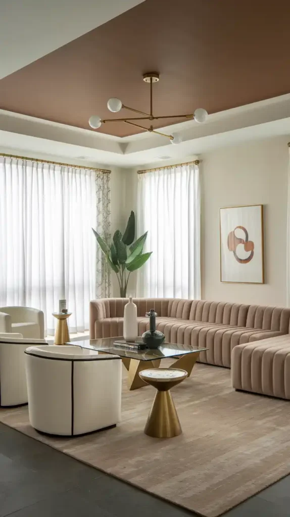 Living room with a mocha mousse statement ceiling, modern furniture, and chic decor elements