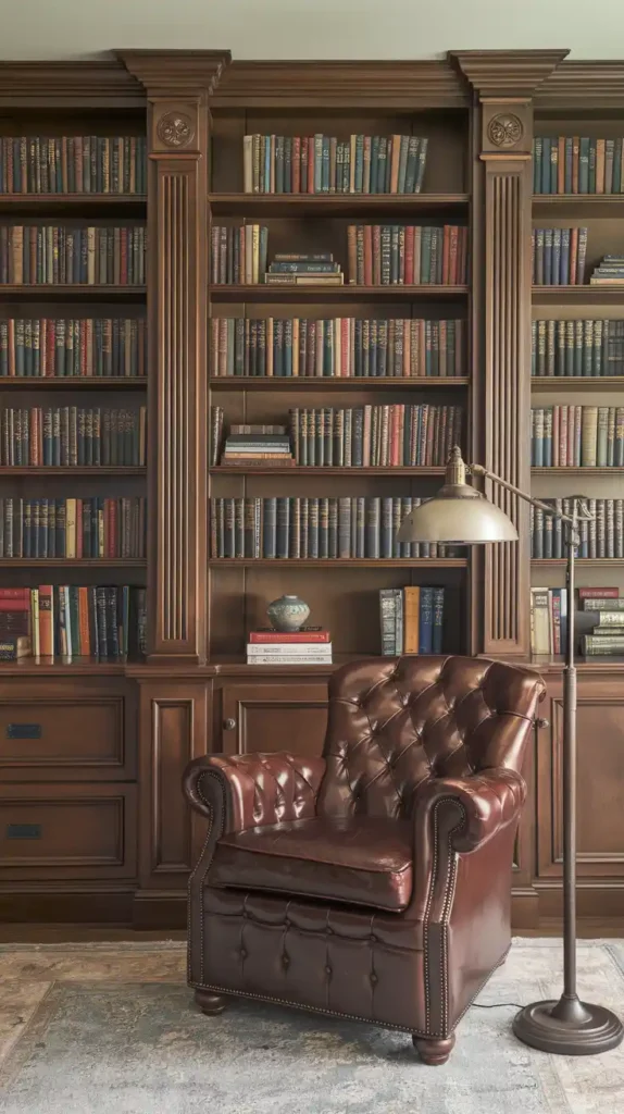 Elegant mocha mousse-themed home library with leather armchair, bookshelves, and vintage decor