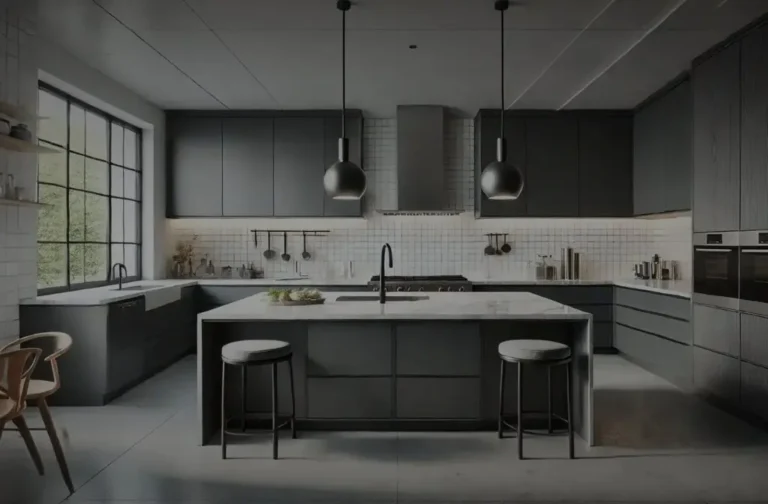 Modern kitchen with dark cabinetry and marble countertops, featuring minimalist design elements